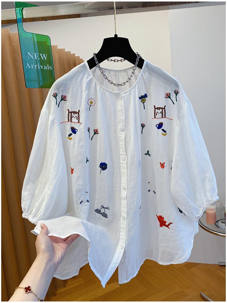 Women's Unique Embroidery Ramie Top - Extra Large, Lightweight, Chic, and Stylish for Summer 2026