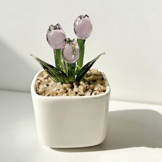 Faux Crystal Flower Figurine Mini Hand Blown Glass Potted Flower Ornament for Home Office Table Decor Gifts for Wedding Birthday Mother's