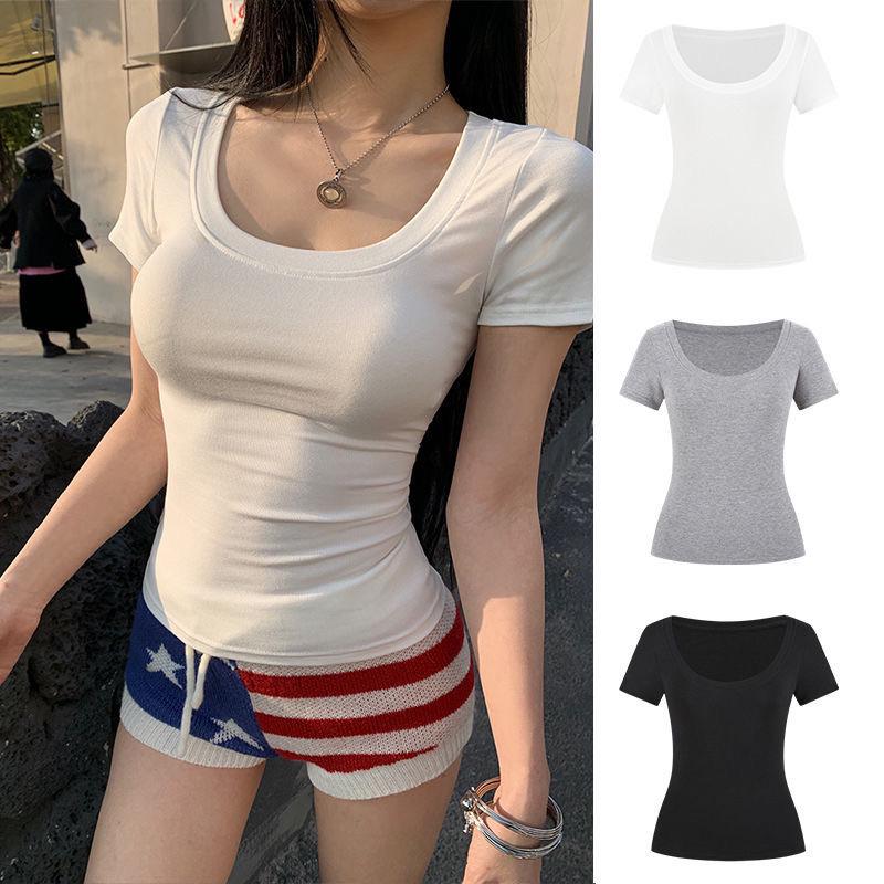 Dámské letní tričko z čisté bavlny s krátkým rukávem a výstřihem do U, slim fit, 2025