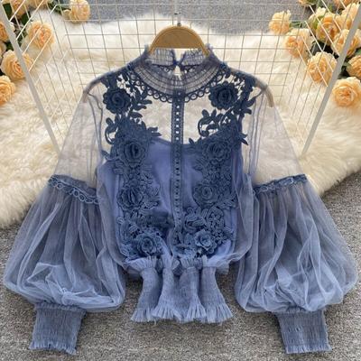 Camicetta corta a maniche lunghe in maglia floreale elegante Camicie in pizzo con maniche a lanterna da donna dolci Camicetta in maglia trasparente da donna 25914
