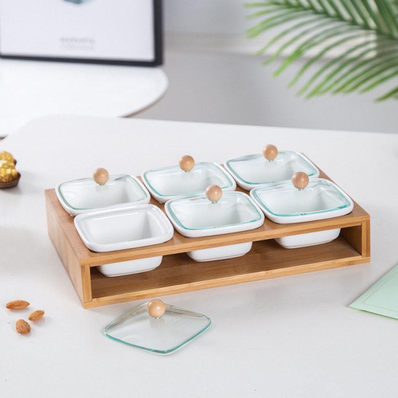 Vassoio per Snack in Bambù Stile Nordico con Coperchio in Vetro e Piatto in Ceramica