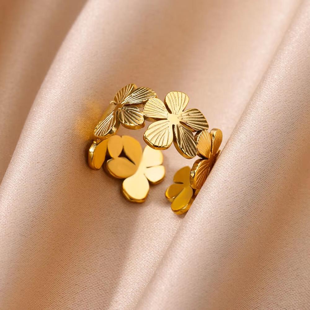 Stainless Steel Hollow Flower Open Rings For Women Stainless Steel Gold Color Wedding Ring Couple Aesthetic Jewelry Party Gift