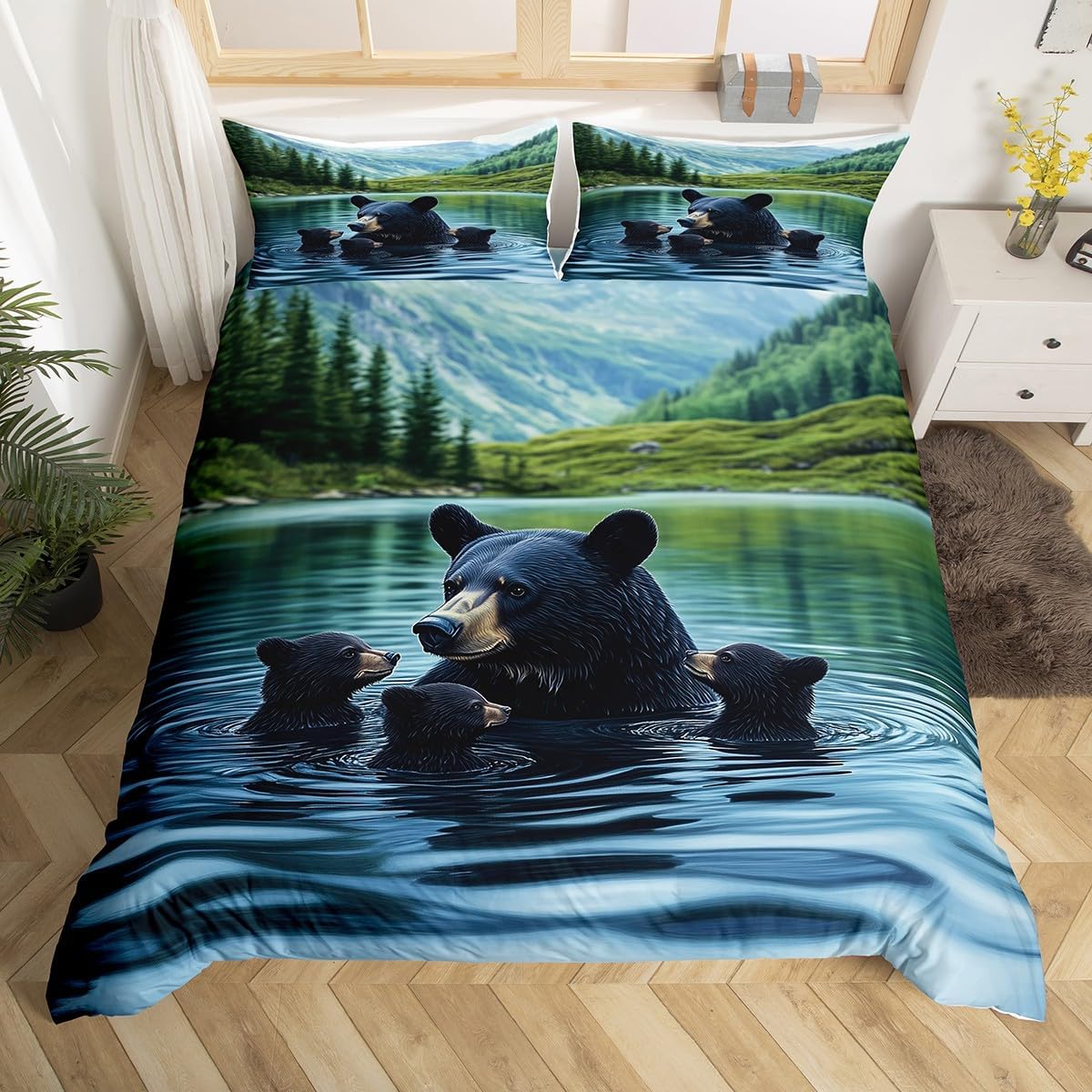 

Bear Wildlife Family Duvet Cover Set Twin Size 3D River Lake Bedding Set Girls Boys Adventure Hunting Comforter Cover Mountain EU Twin(135x200cm)