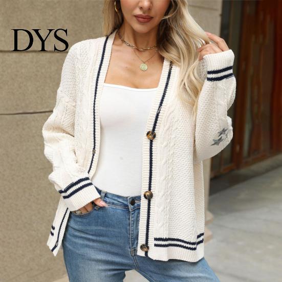 Women Casual Sweater Coat V-neck Long Sleeve Twist Texture Knitting Patchwork Color Single Breasted Loose Fit Elastic Outwear Knitwear