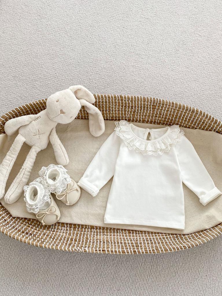 Spring Autumn Baby Girl Solid Long Sleeve Ruffled Neck Base Layer Top