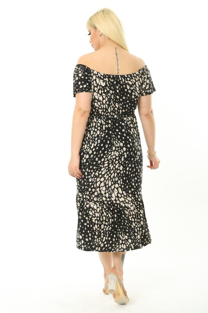 ქალის დიდი ზომის კაბა მადონას დეკოლტეს სამაგრი კენჭის ნიმუშის კაბა