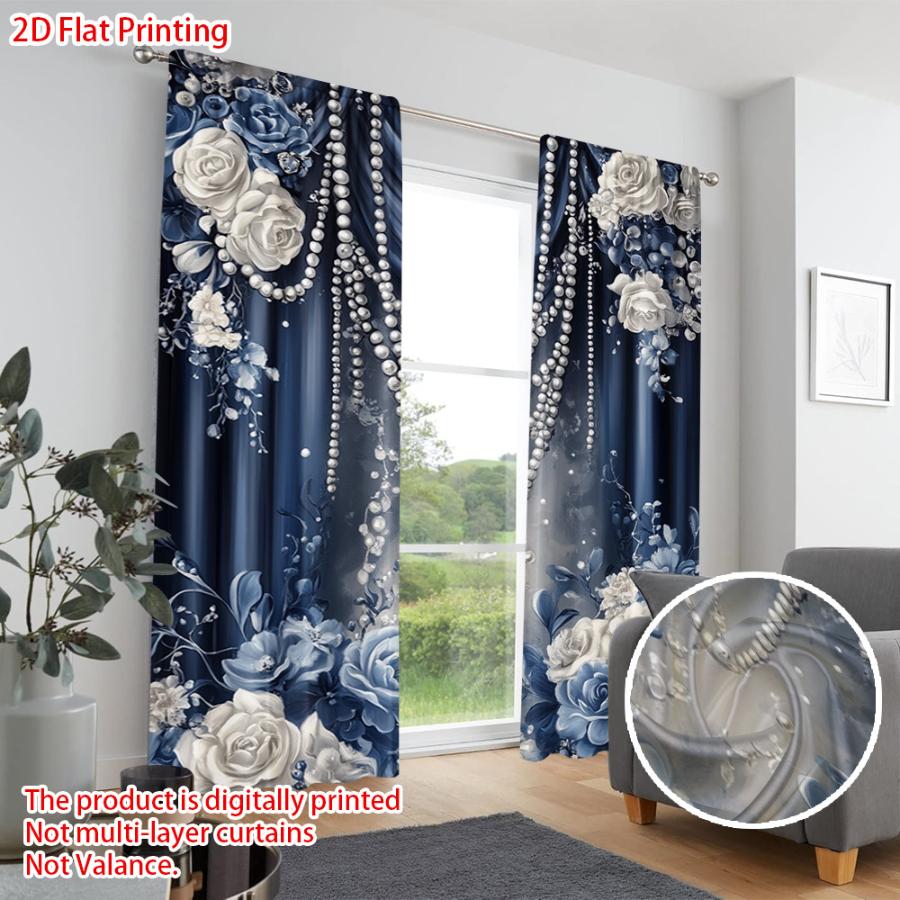 2PCS Digital Printed Curtains, Blue White Rose Floral Elegant Classic, Rod Pocket Window Drapes for Living Room Bedroom Decor