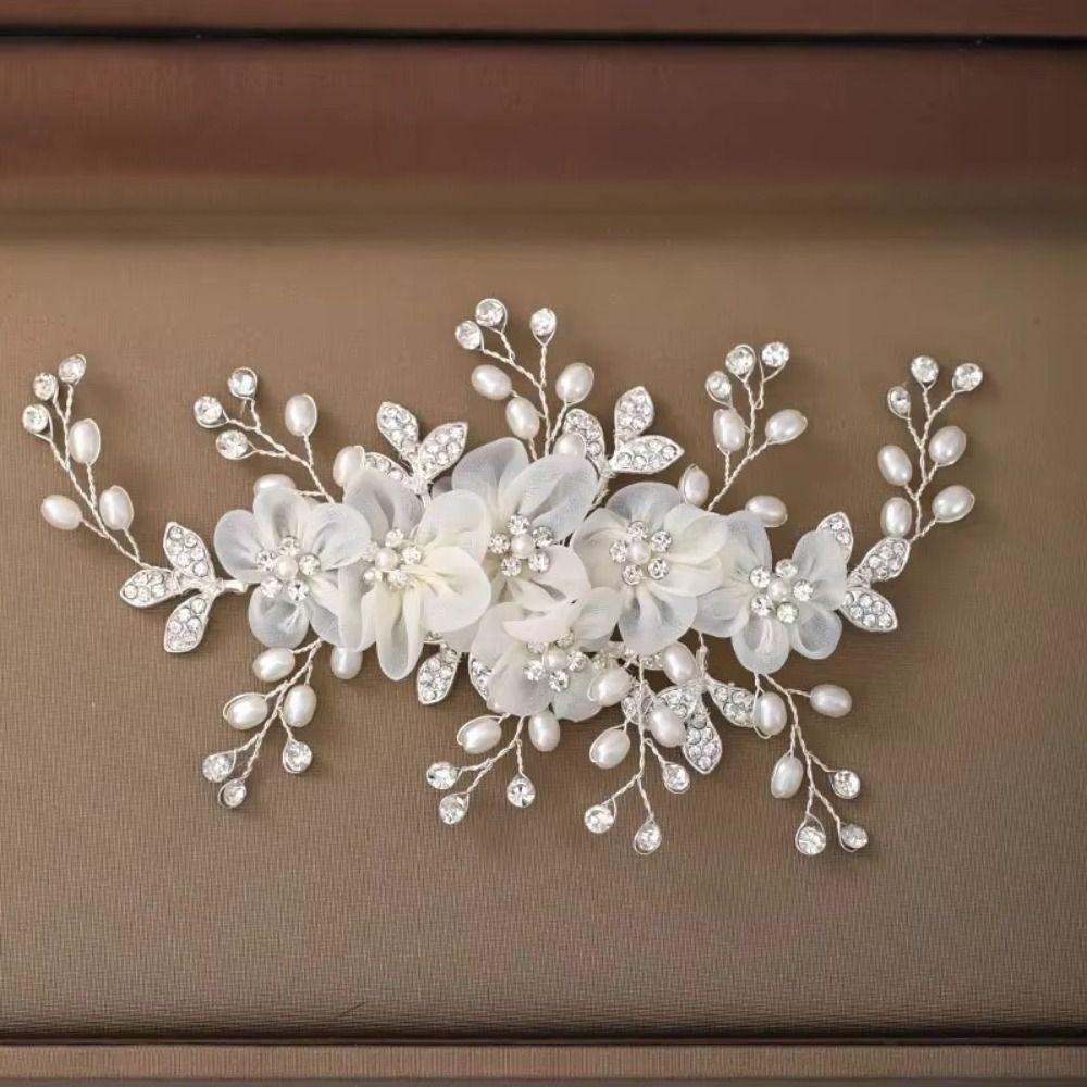 White Silk Flower Women Hair Pins Pearl Crystal Bride Tiara  Hair Accessories Jewelry