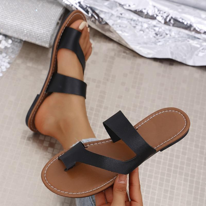 Large size set of toe flat-bottomed slippers for women to wear solid color retro beach cool slippers slippers