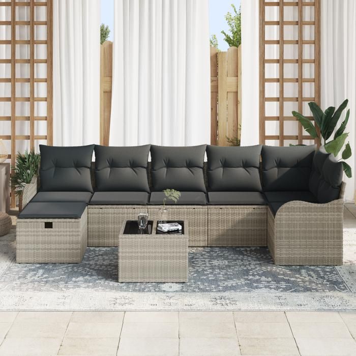 vidaXL 8-piece Garden Sofa Set with Light Grey Poly Rattan Cushions, vidaXL 2-seater Garden Sofa 3360343