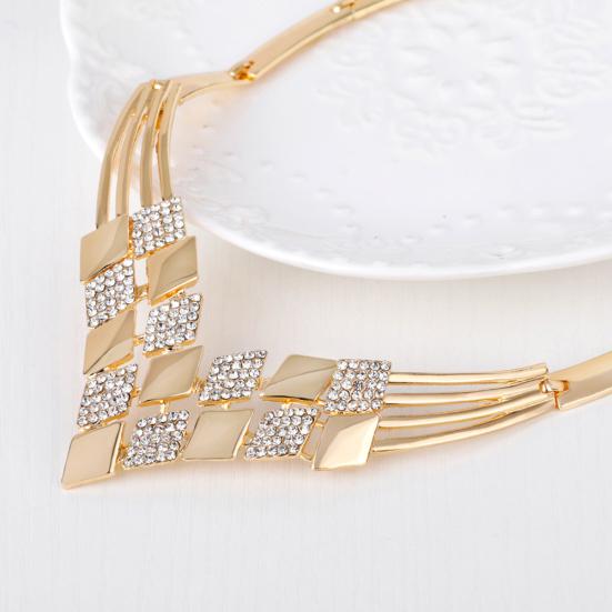 Women KC Gold Plated Rhombus Shape Necklace Earrings Rhinestones Jewelry Set