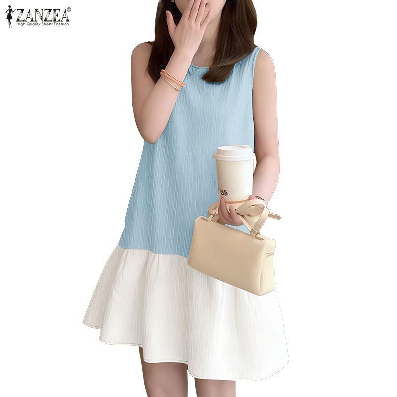 ZANZEA Women Summer Round Neck Casual Sleeveless Splice Tank Dress