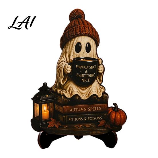 Artistic Halloween Desk Decor Reading Ghost Figurine Wooden Desktop Ornaments Vintage Unique Gothic Room Statue with Stand for Home Tabletop