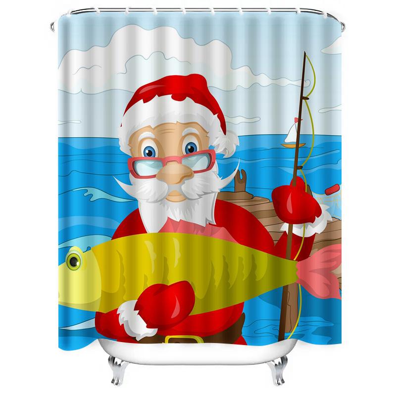Tu Santa Claus Fishing Shower Curtain Festive Holiday Bathroom Decor Waterproof Christmas Themed Backdrop For Tub