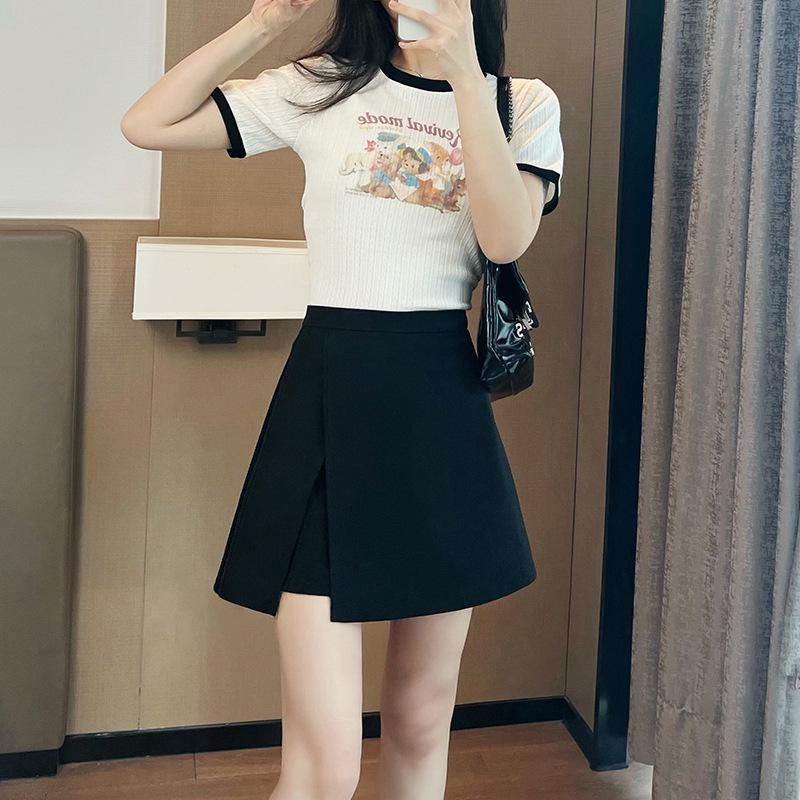 Kadınlar İçin 2024 Siyah Yüksek Bel A Kesim Etek Açık Bacak Yırtmaçlı