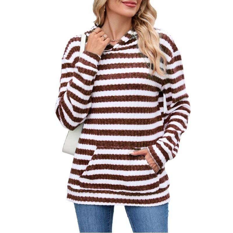 

Осень Зима Новый Женский Полосатый Худи Повседневная Мода Универсальный Топ с Карманом Свободный Длинный Рукав В рубчик S красный