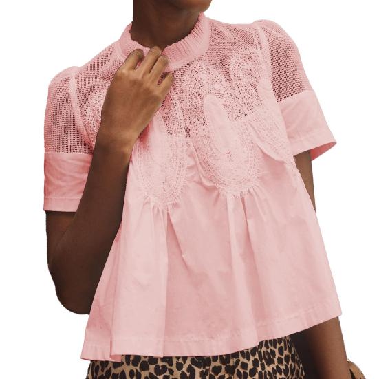 Women Tops Round Neck Short Sleeve Pure Color Pullover Tops Hollow Embroidery Mesh Yarn Loose Fit Casual Tops Daily Wear