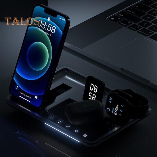4 in 1 Wireless Charger Stand with Alarm Clock & Night Light Foldable Fast Charging Dock One-Key Lifting Smartwatch Charging Stand for IPhone