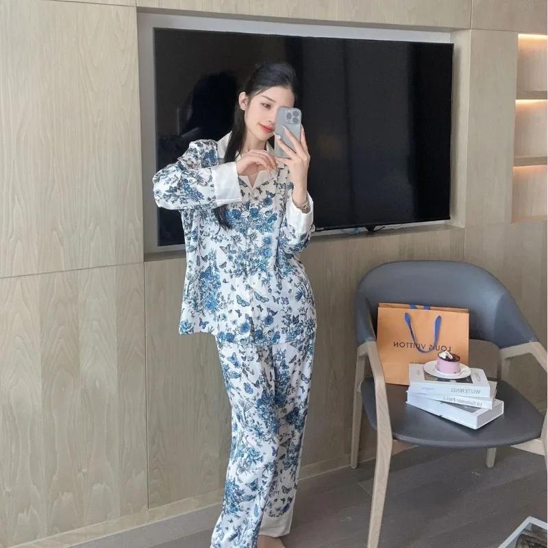 New Arrival Pajamas Light Luxury High-set Blue Butterfly Printed Long-sleeved Home Clothes for Outer Wearing Suit