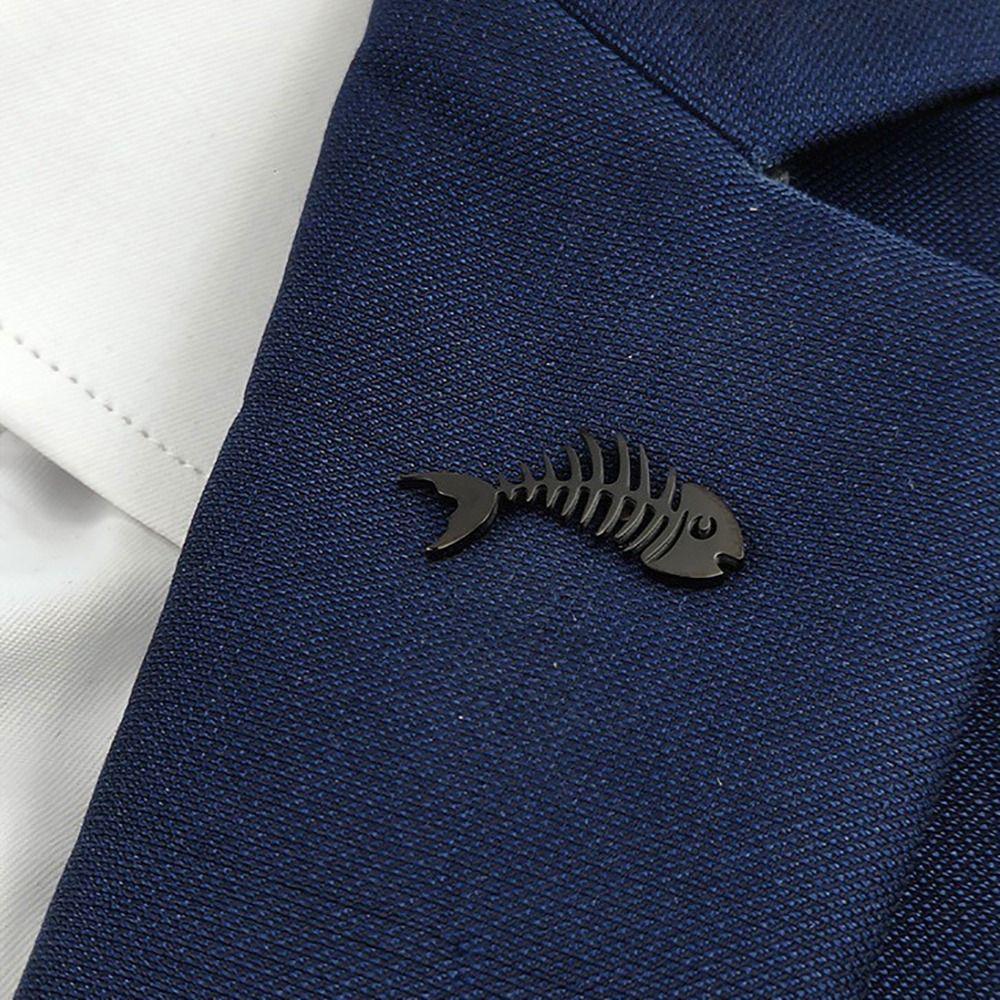 Stainless Steel Men's Collar Brooch Hollow Design Fish Skeleton Lapel Pin  Formal Wear