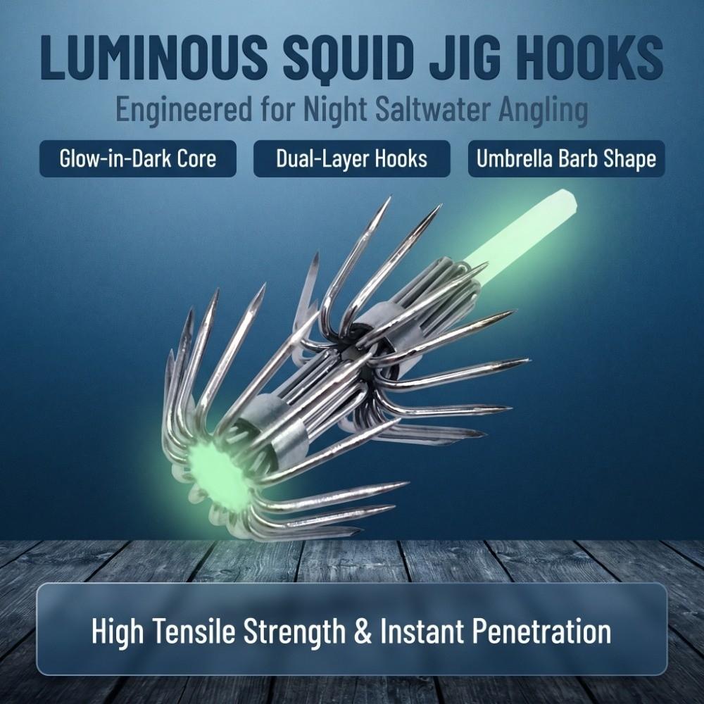 10PCS Stainless Steel Squid Jig Hooks Luminous Jigging Fishhook Lures  Cuttlefish Fishing
