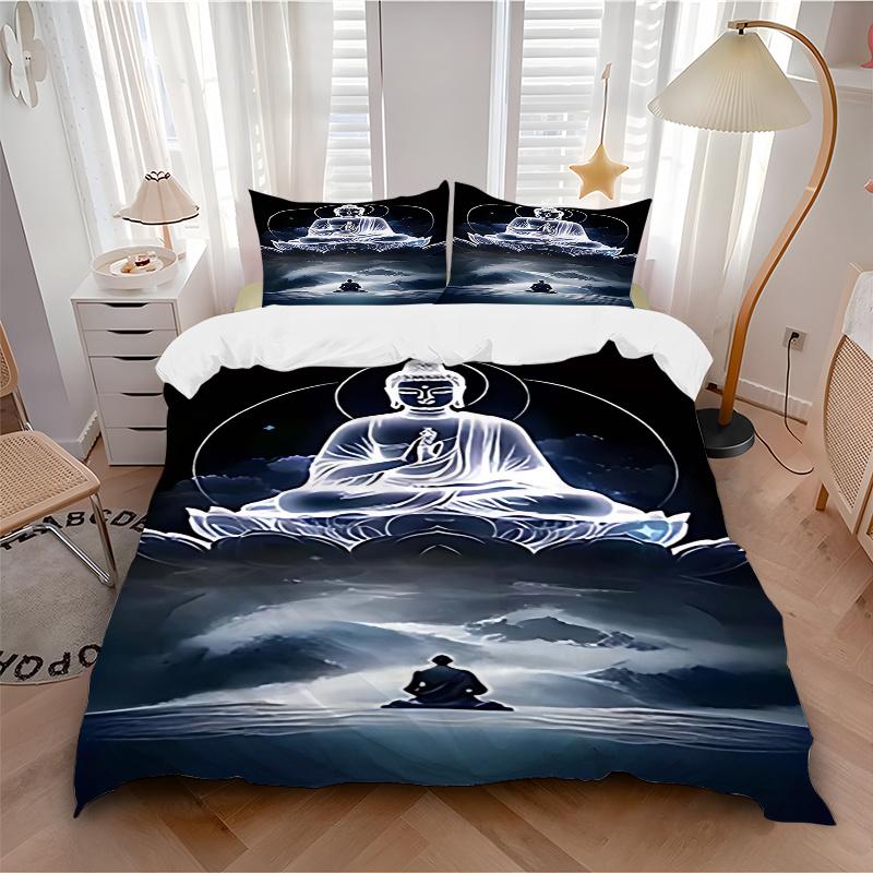 Juego de Funda Nórdica de 3 Piezas con Estatua de Buda con Una Funda Nórdica y Dos Fundas de Almohada (Sin núcleo) - Diseño de Dibujos Animados de Anime, Perfecto para Decoración de Dormitorio y Habitación de Invitados