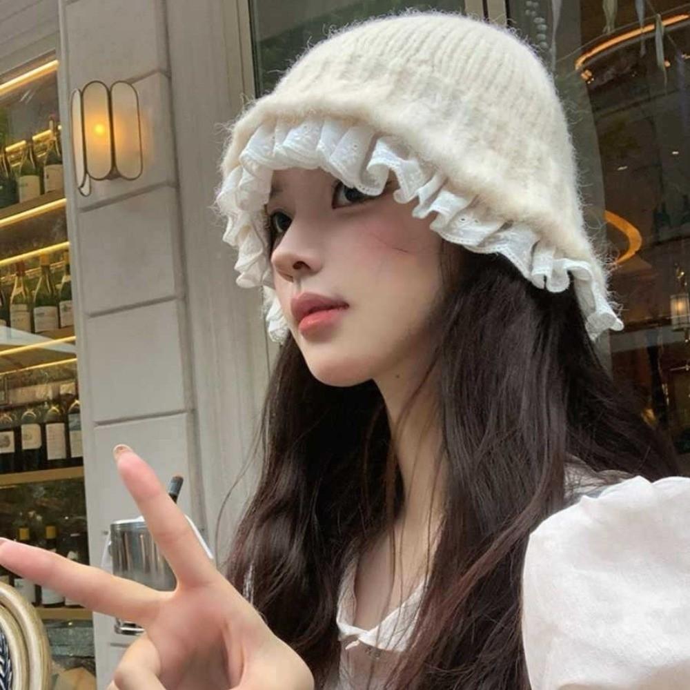 Lace Trim Women Bucket Hat Solid Color Beanie Hat Retro Knitted Fisherman Hat  Women