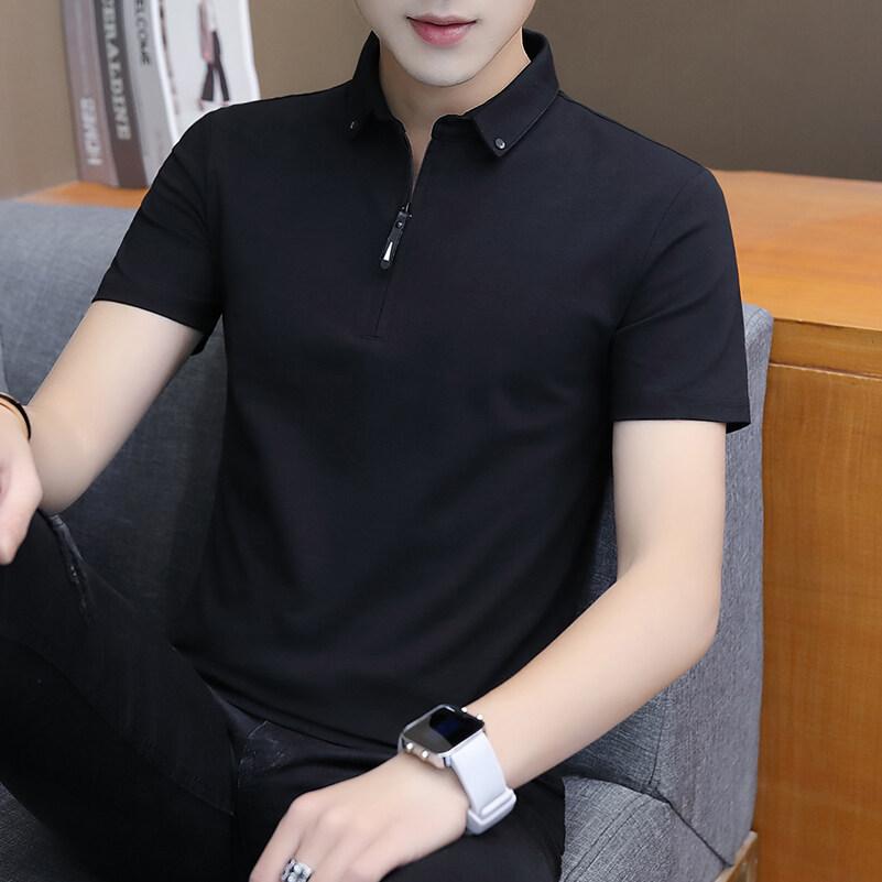 Summer POLO Shirt Men's Trendy Casual Zipper Middle-aged Lapel Business Slim Short-sleeved T-shirt