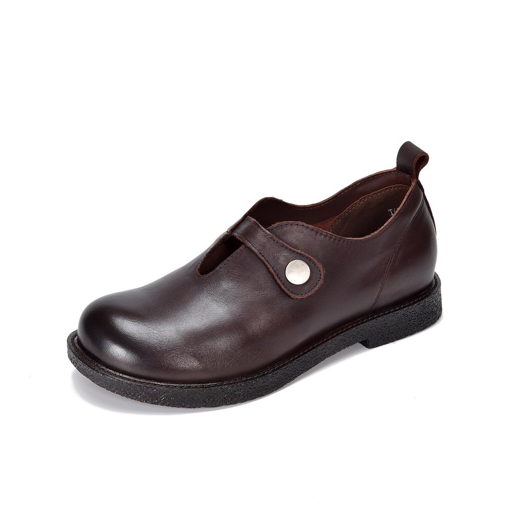 Johnature Retro Versatile Loafers Round Toe Genuine Leather Women's Low Heel Shoes