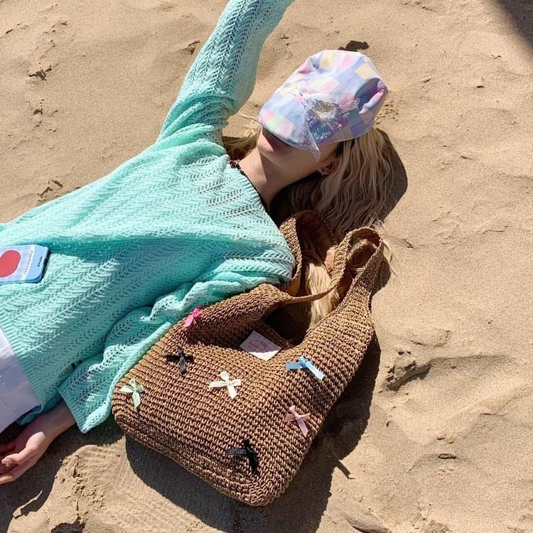 Straw Woven Bow Shoulder Bag With Large Capacity For Daily Use