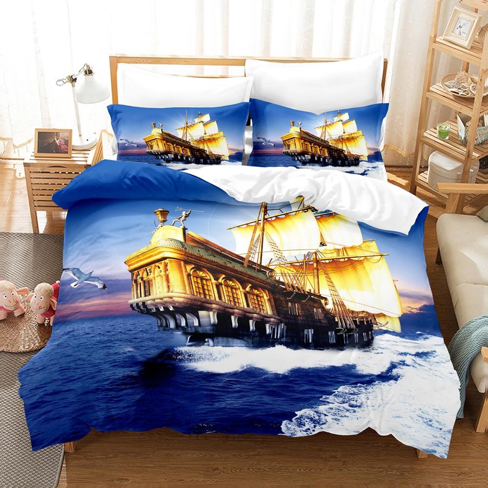 Sailboat Print Duvet Cover and Pillowcase, 2/3Pcs Nautical Bedding Set for Bedroom Decor, Perfect Housewarming Gift