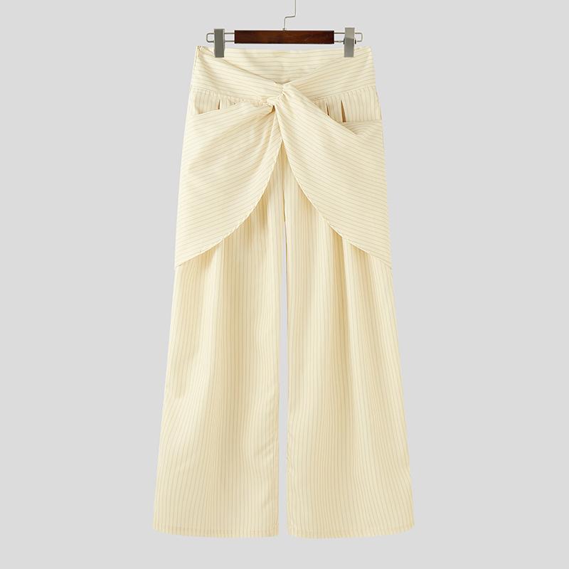 INCERUN Men Twisted Zip-up Waist Ruffled Striped Casual Long Pants Trousers