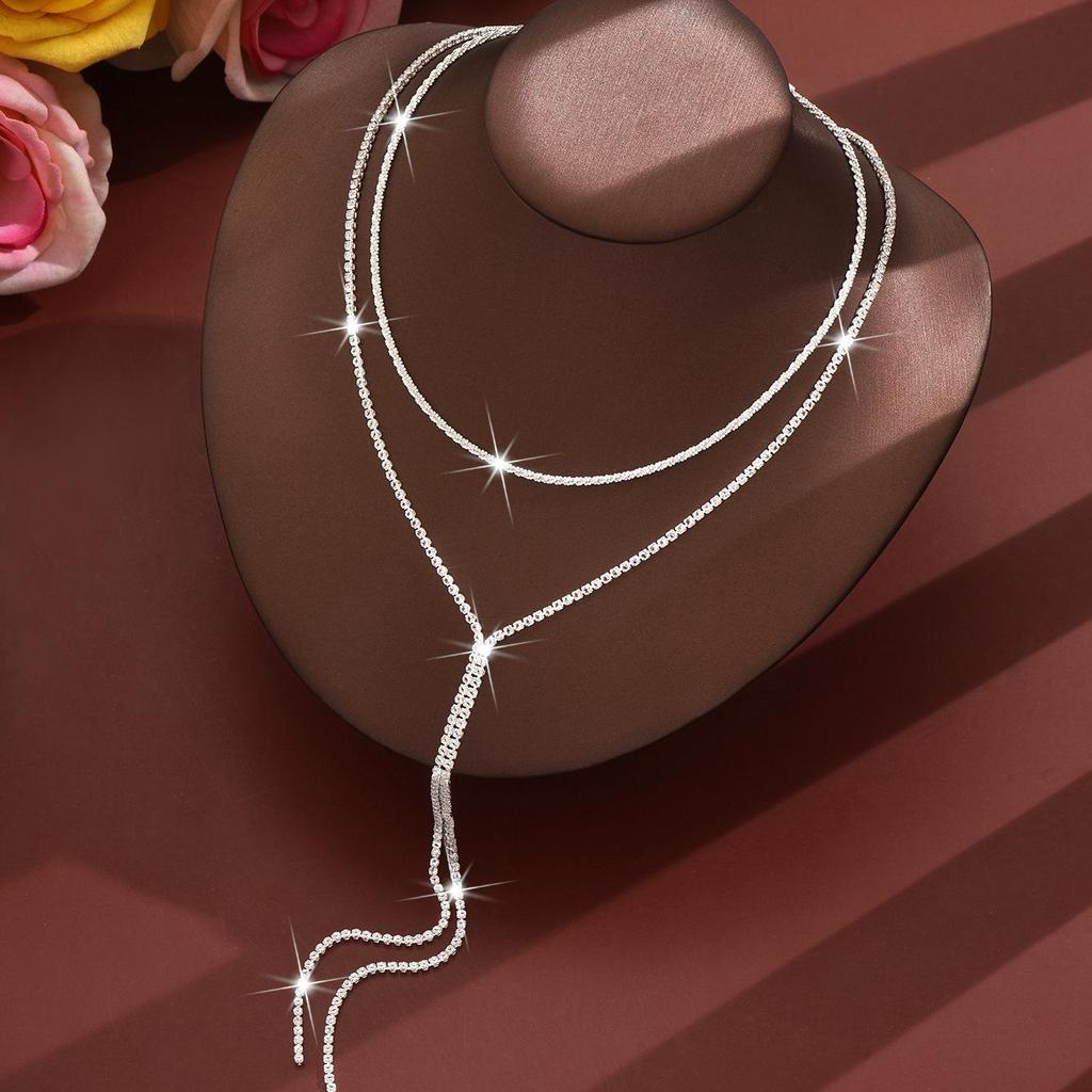 Double Layer Y-Shaped Rhinestone Necklace for Women Long Tassel Chain