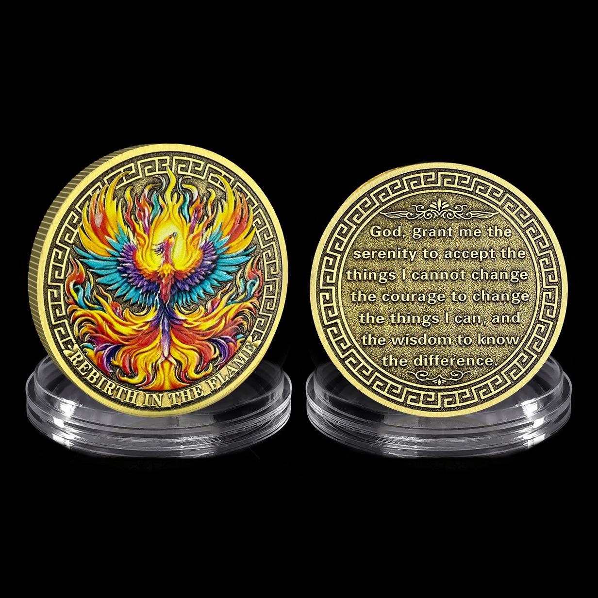 Rebirth Phoenix Flame Commemorative Medal, Inspiring Tranquility and Courage Recovery, Coins, Medals, Metal Relief, Christmas gift, Stocking stuffers 40*2.5mm бронзовый