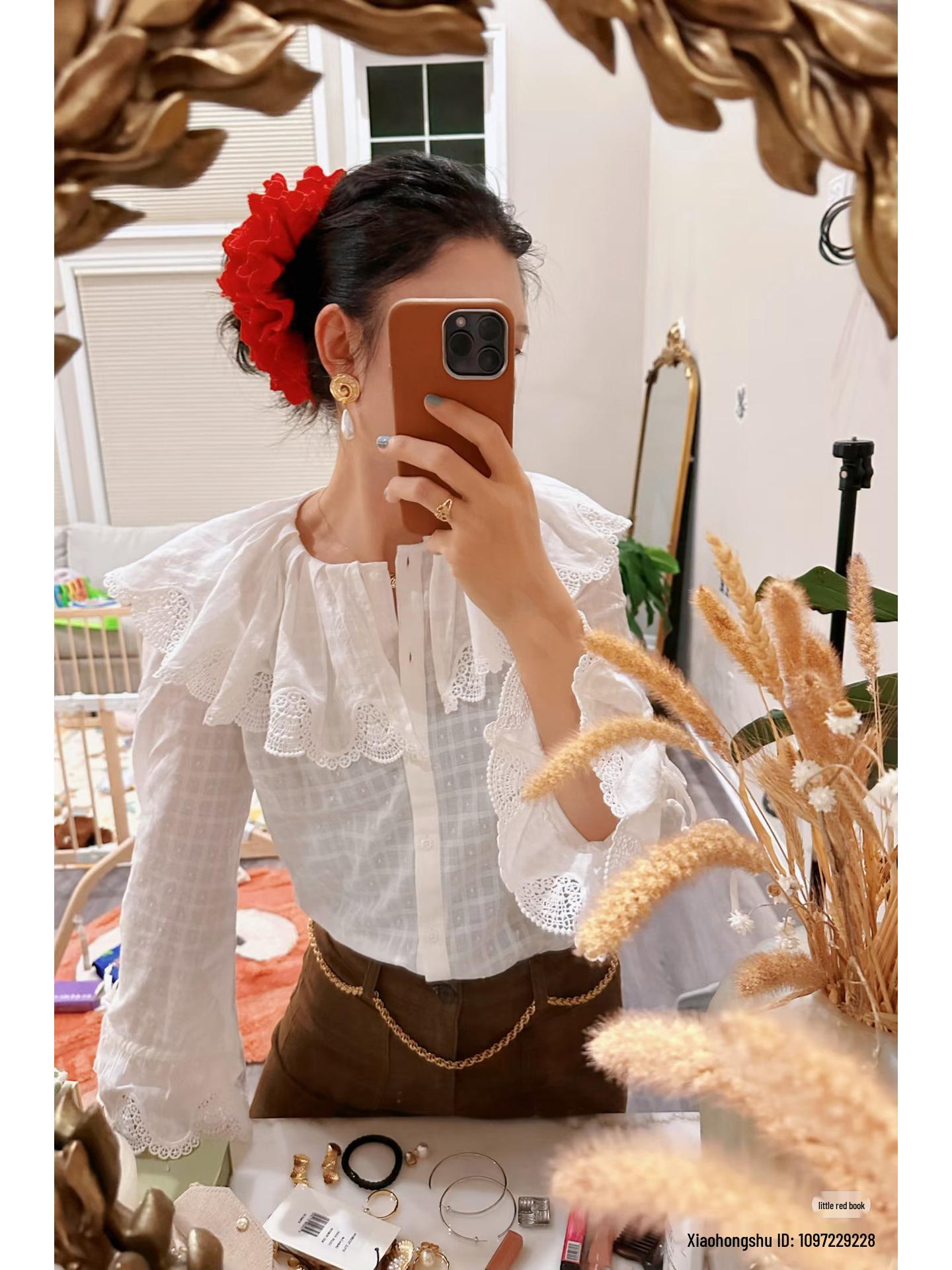 French Niche Embroidered Lace Ruffle Shirt with Bell Sleeves - Women s Pure Cotton, Autumn/Winter 2025 Collection. 34 белый