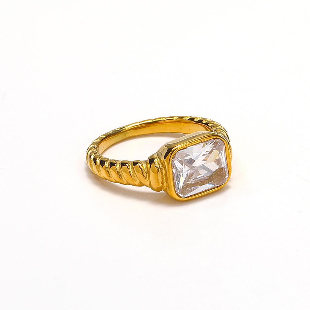Damen Croissant Twist Spiralband Ringe Mit Rechteckigem Zirkonia Stein Elegant 18 Karat Vergoldet Edelstahl Schmuck Geschenk für