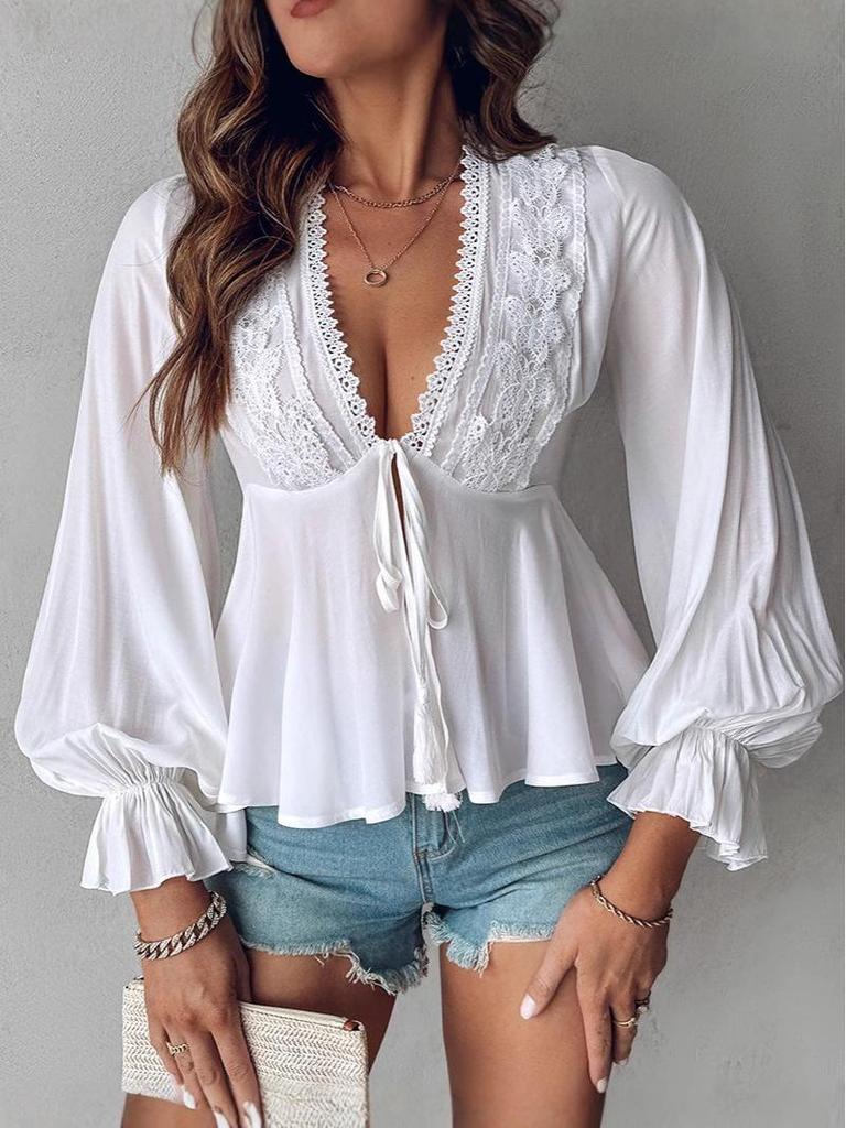 2024 Autumn Bow Lace V-neck Long-Sleeve Top for European & American Markets