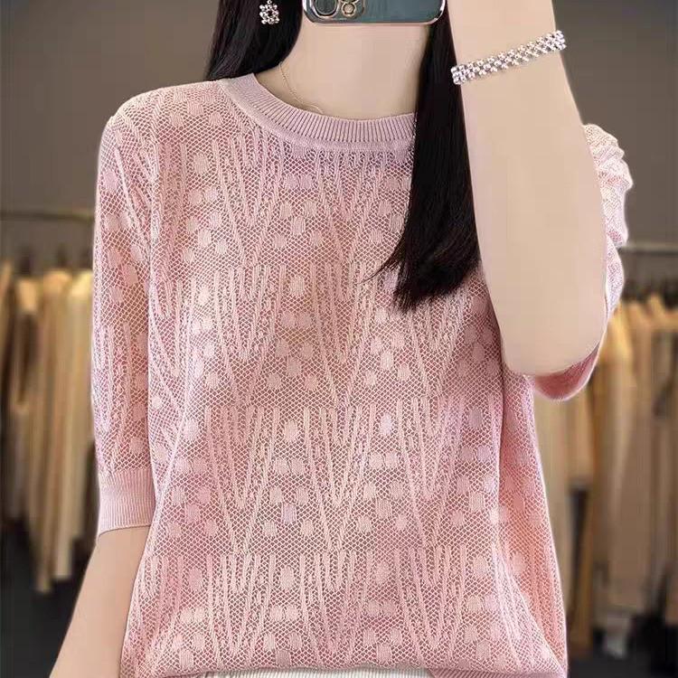 

2026 Summer Women s Round Neck Slimming Knit Top One Size (suitable for 90-140 pounds)