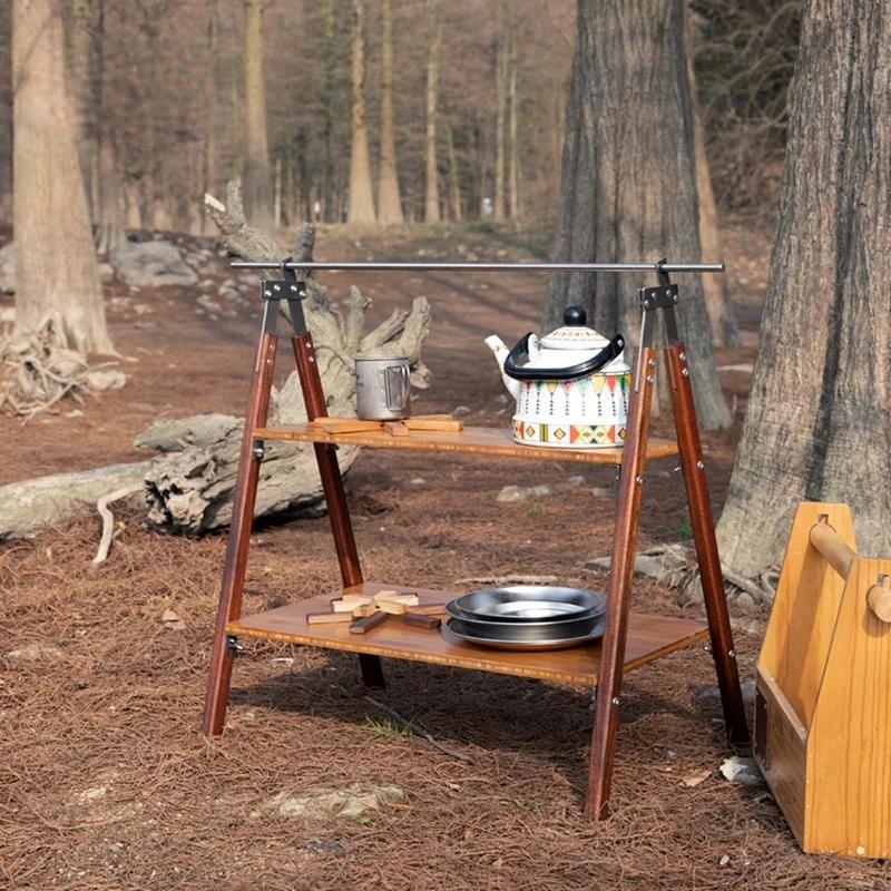 Outdoor 2 Layer Storage Portable Foldable multi-layer Shelf Camping Picnic Folding Table Hiking Picnic Bamboo Tool Rack