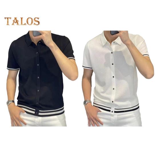 Men Shirt Lapel Short Sleeve Buttons Placket Shirt Tops with Stripes Trim Breathable Summer Casual Shirt