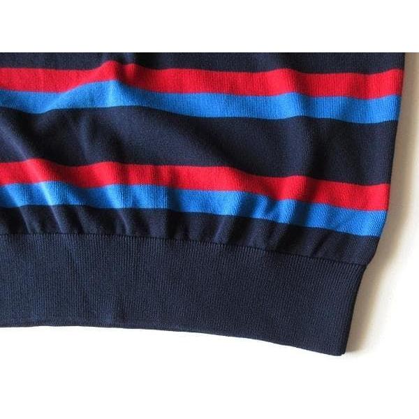 Used Good Condition Made In France LACOSTE AH6788 Crocodile Logo Patch Organic Cotton Border Sweater Knit FR:3 US:S Navy Navy Blue Red