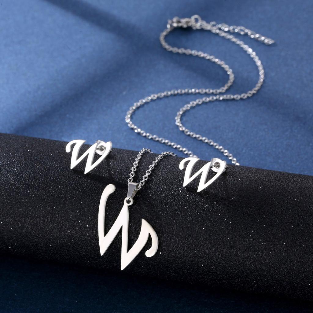 Stainless Steel Letter Pendant Necklace Unisex Jewelry Set Letter Earrings Party Accessory Present for Fashion Lover