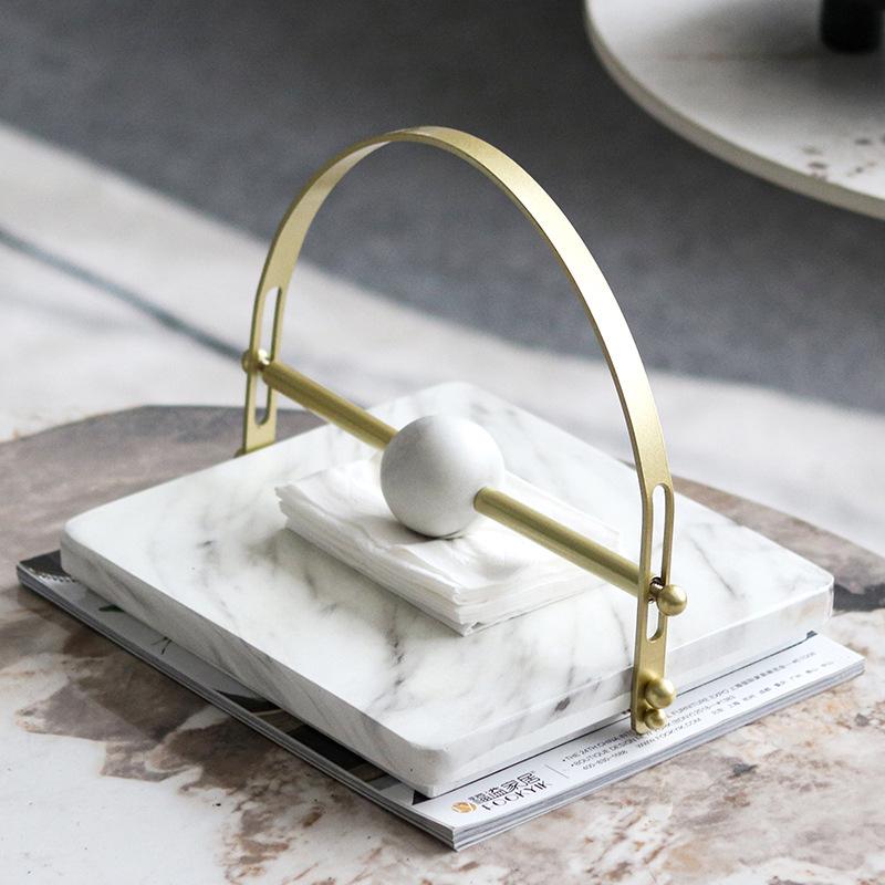 Modern Luxury Metal Tissue Holder, Dining Table Center Napkin Holder, Hotel Clubhouse, Imitation Marble Paperweight Decoration