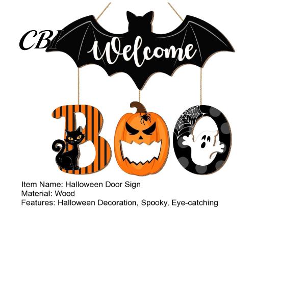Retro Style Seasonal Decor Halloween BOO Door Sign, Wooden Ghost Evil Pumpkin Black Cat Hanging Welcome Festival Plaque Spooky Bat Hanger for