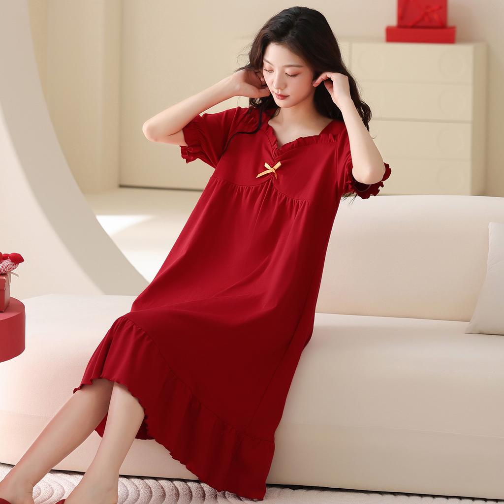 Red Wedding Couple Pajamas Women's Summer Short-sleeved Pure Cotton Pajamas Cute Natal Year Wedding Loungewear Men's Suit