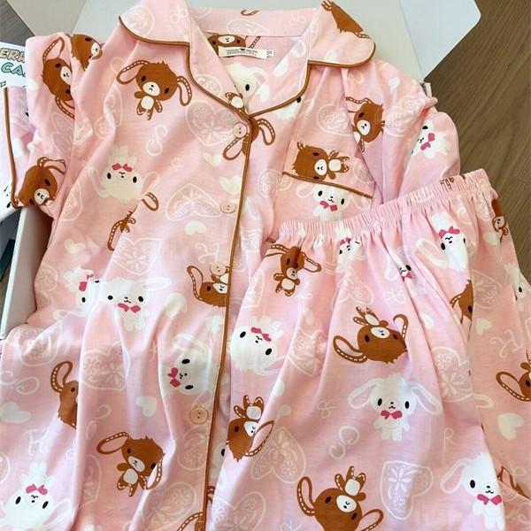 Summer pink full print dessert rabbit pajamas women's summer short-sleeved shorts cardigan set girl princess style loungewear