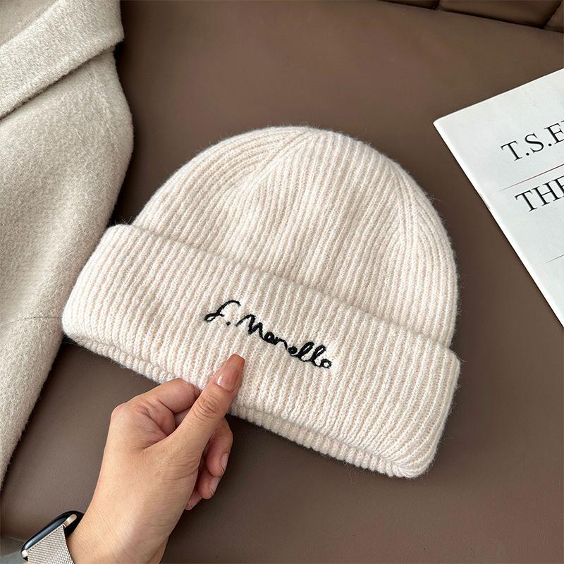 Letter Embroidered Wool Knitted Hat, Casual, Versatile, Thermal and Ear - Protecting, Suitable for Big Head Circumference