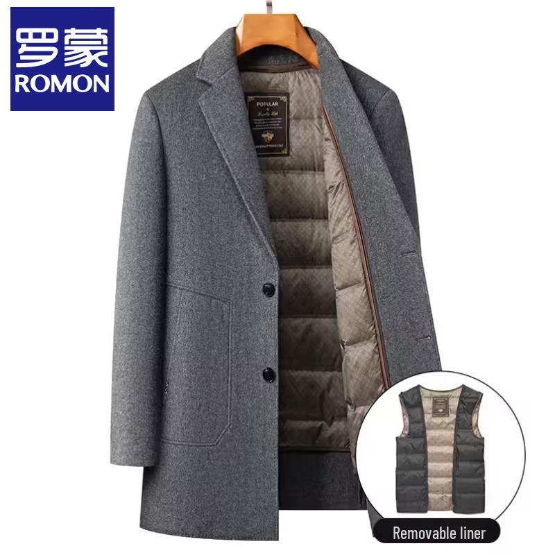 ROMON E Men's Mid-Length Wool Blend Overcoat with Down Liner