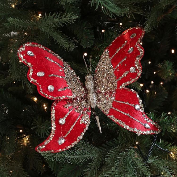 Shatter Resistant Glittering Butterfly Christmas Tree Ornament 25Cm Velvets Design Indoor Outdoor Holiday Party Decoration