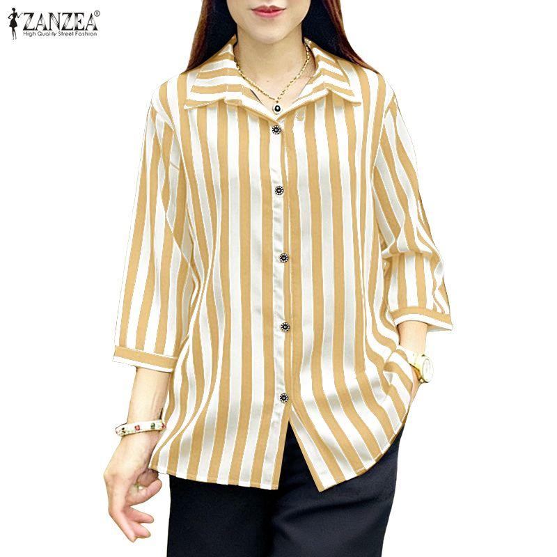 ZANZEA Women Casual Turn Down Collar 3/4 Sleeve Loose Stripe Blouse